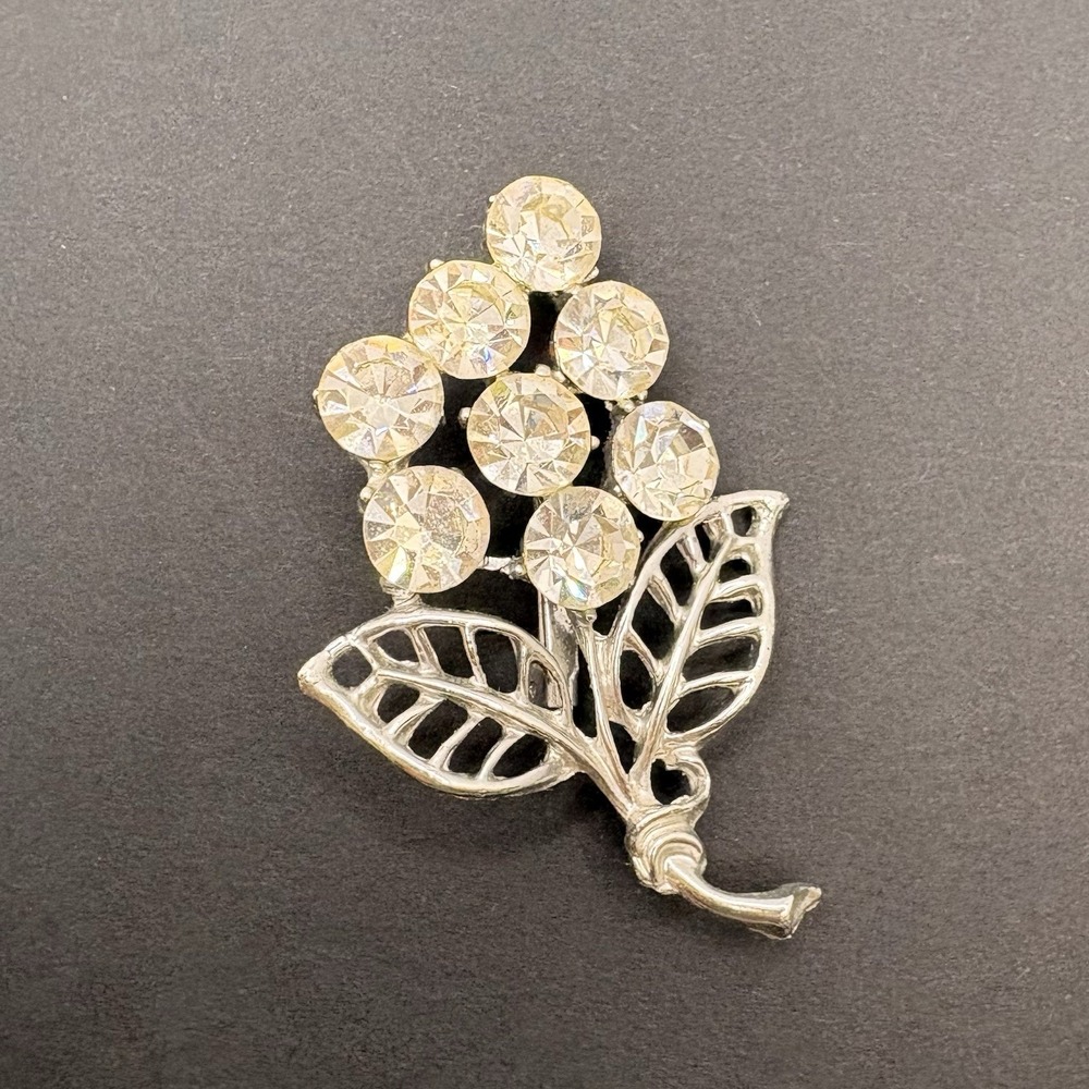 Vintage Floral Grape Cluster Silver Tone Clear Rhinestone Brooch Nature Retro